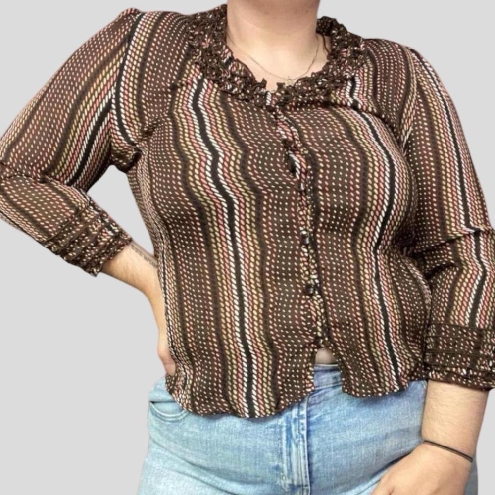 Y2k fairy retro polka dot stripe ruffle plisse button down